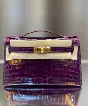 에르메스 켈리 포쉐트 퍼플 금장 샤이니 악어가죽